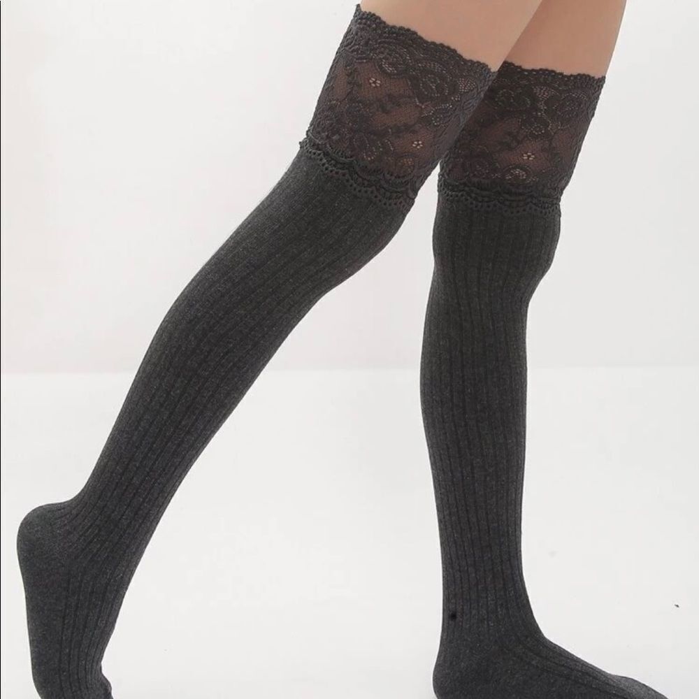 Dark Grey Ruffled Lace Thigh High Socks - Picture 8 of 8